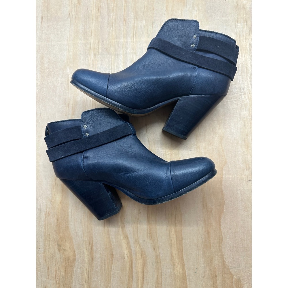 Rag & Bone Harrow Navy Blue Leather Ankle Boots Stacked Heel 37.5